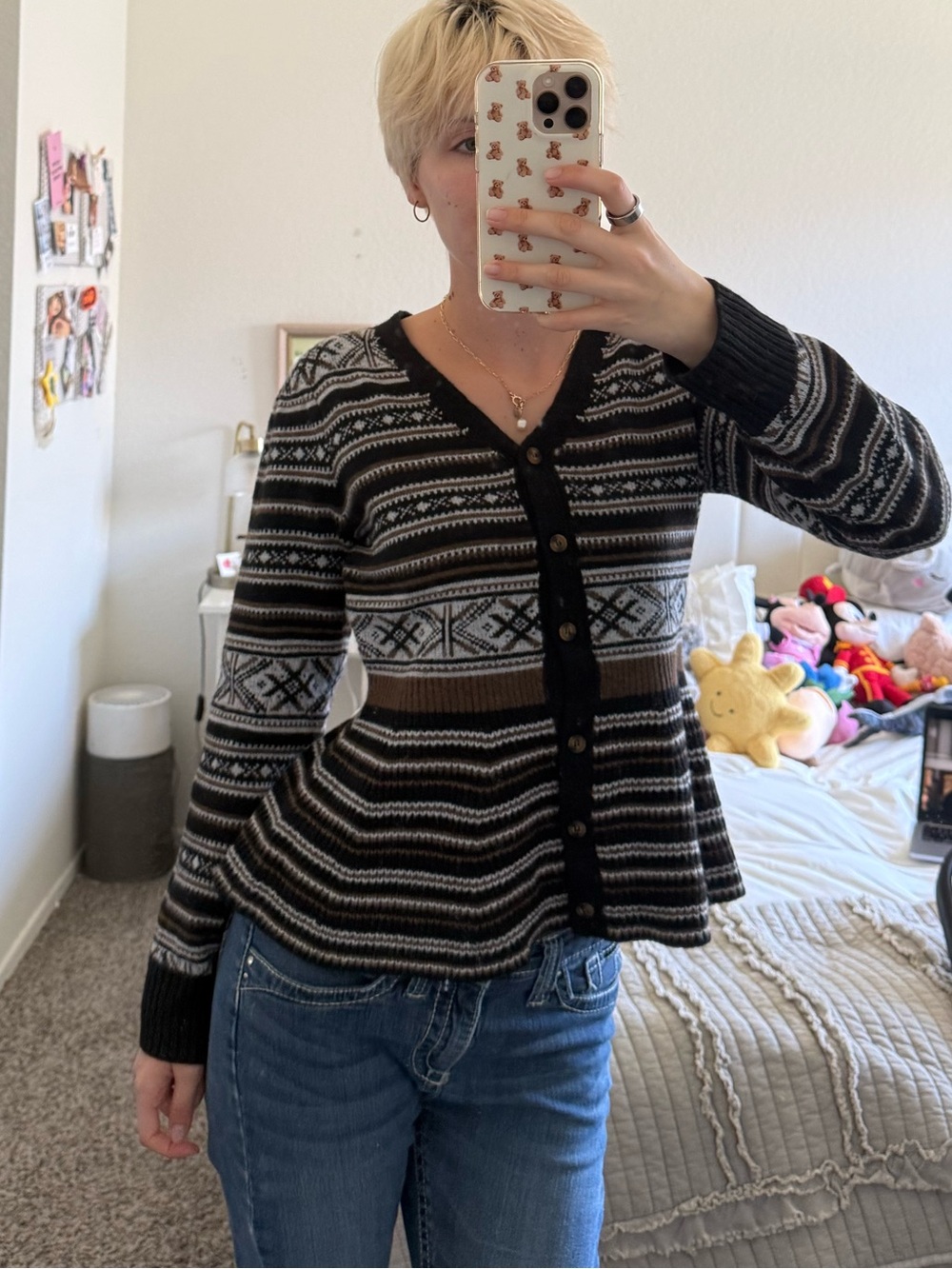 Black and Gray Button-Front Peplum Sweater